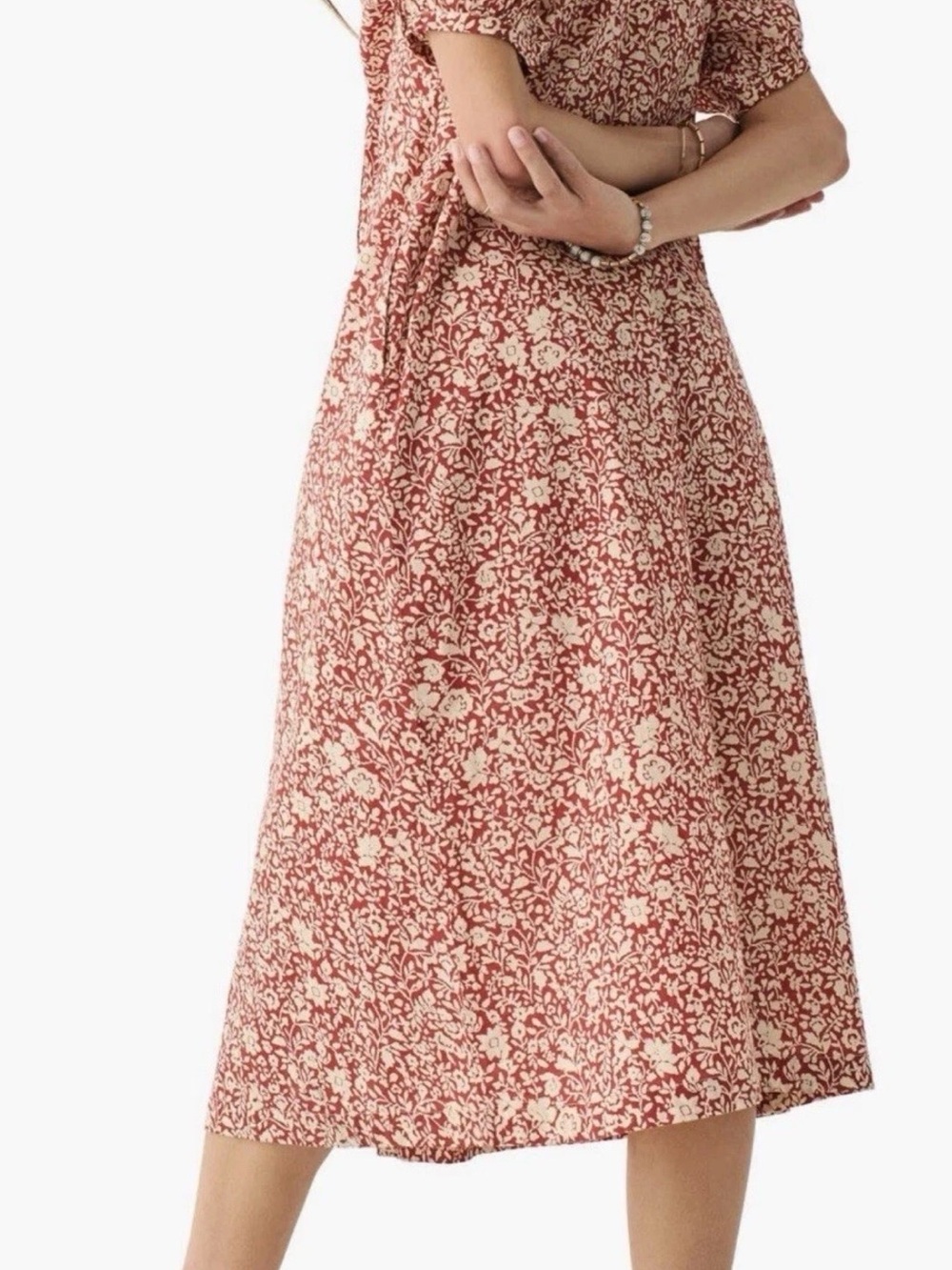 Faherty Carmel Red Cream Floral Belted Shirt Midi Dress Organic Cotton Size L - Picture 5 of 16